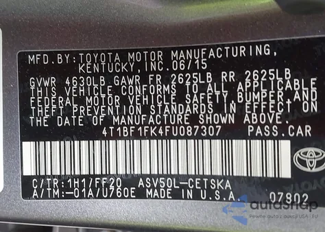 2015 Toyota Camry Se из США, поврежденный, VIN 4T1BF1FK4FU087307
